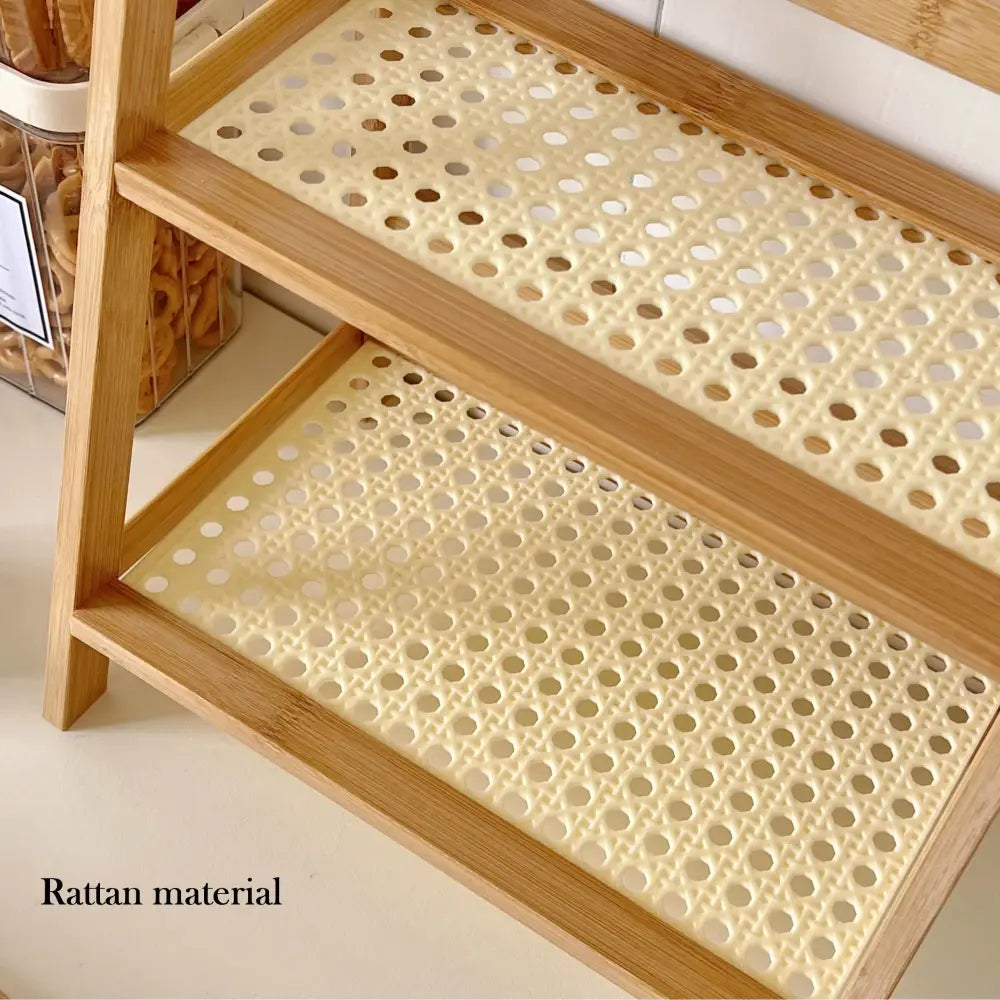 Boho light wood rattan 2-tier desktop organizer shelf bedroom storage