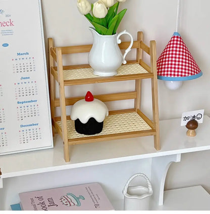Boho light wood rattan 2-tier desktop organizer shelf bedroom storage