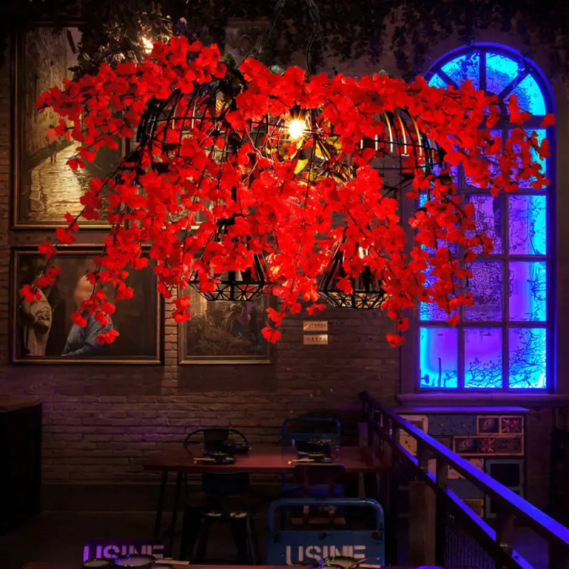 Industrial red flower suspension lamp dining room diamond cage