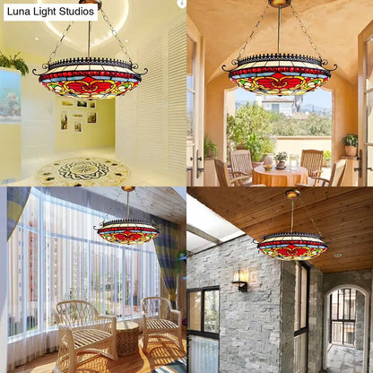 Victorian bowl chandelier with red floral stained glass living room