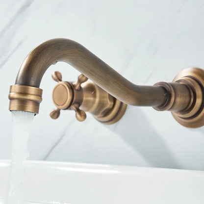 Retro antique brass wall mounted bathroom faucet with dual handles