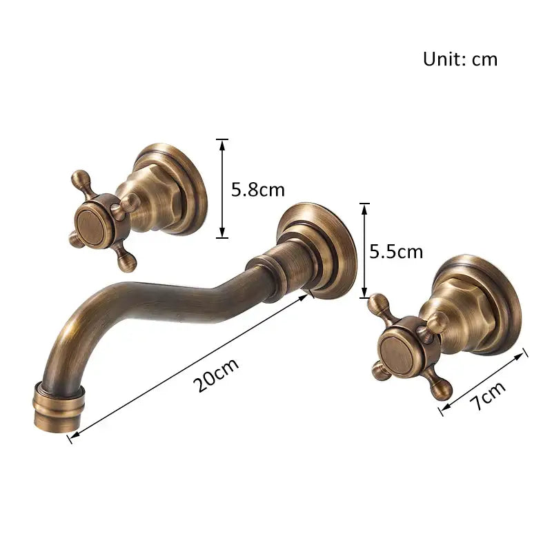 Retro antique brass wall mounted bathroom faucet with dual handles