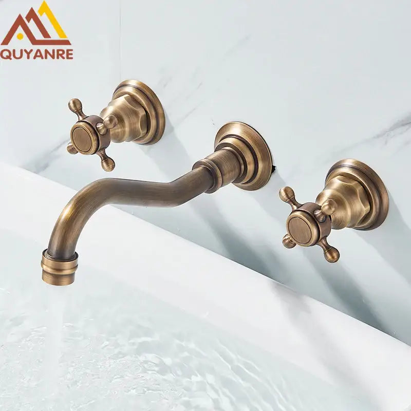 Retro antique brass wall mounted bathroom faucet with dual handles