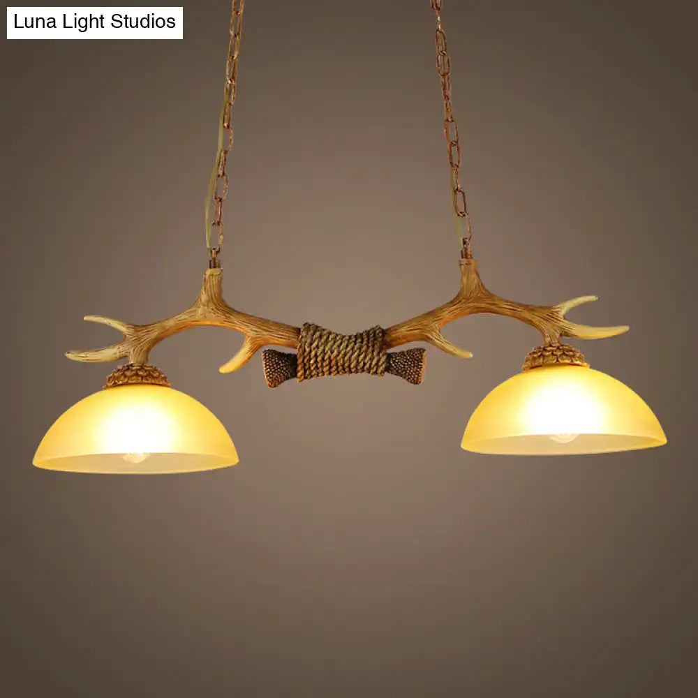 Retro wood antler pendant light with beige glass dining room set of 2