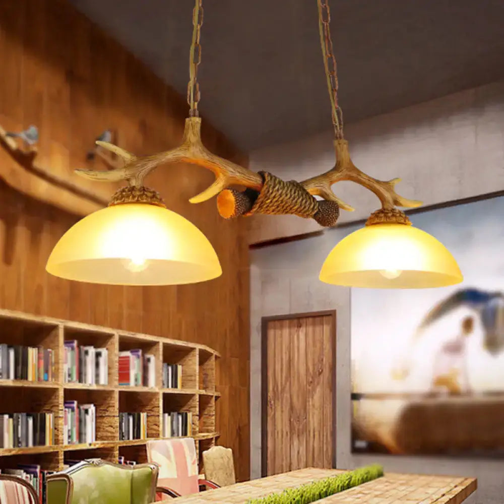 Retro wood antler pendant light with beige glass dining room set of 2
