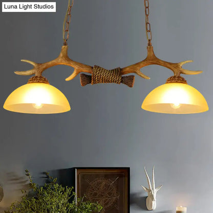 Retro wood antler pendant light with beige glass dining room set of 2