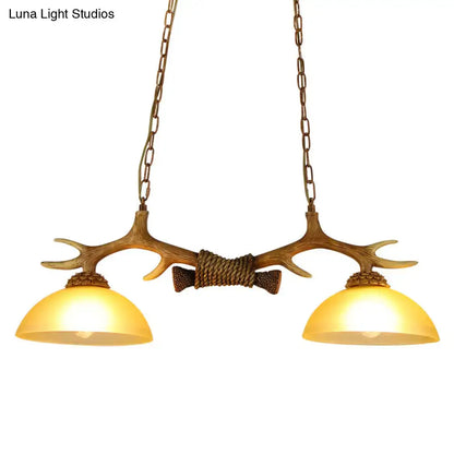 Retro wood antler pendant light with beige glass dining room set of 2