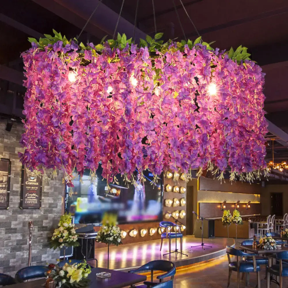 Retro purple wisteria floral ceiling light features six bulbs dining room