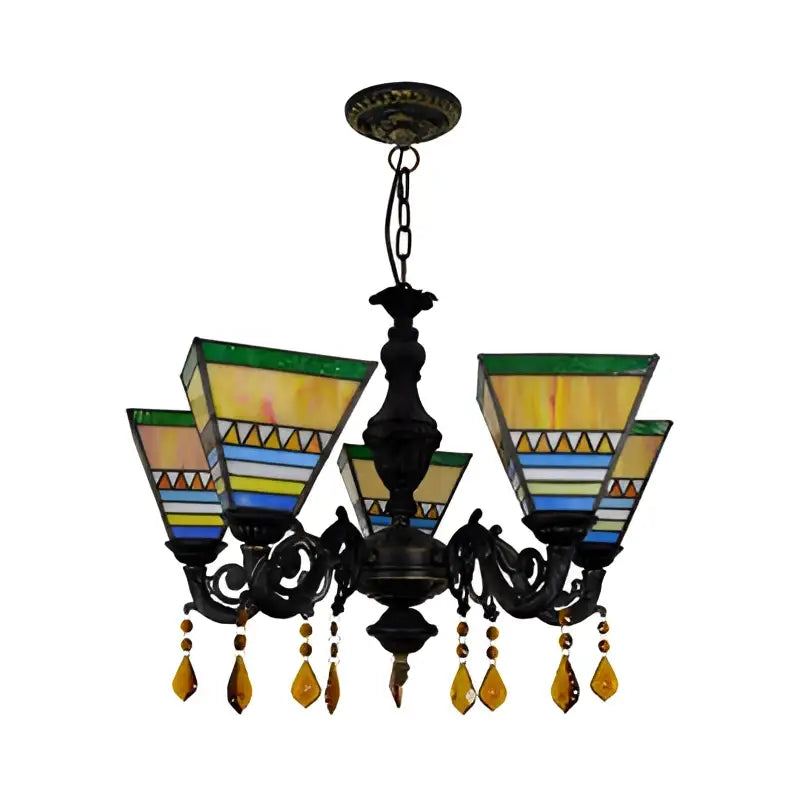 Retro yellow & blue stained glass chandelier bedroom light