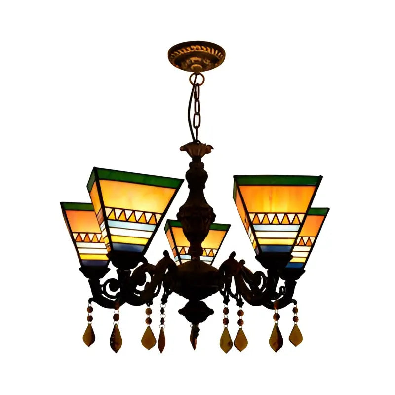 Retro yellow & blue stained glass chandelier bedroom light