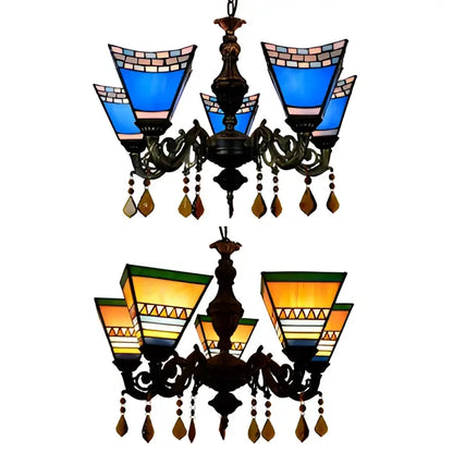 Retro yellow & blue stained glass chandelier bedroom light