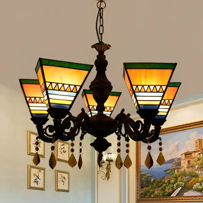 Retro yellow & blue stained glass chandelier bedroom light