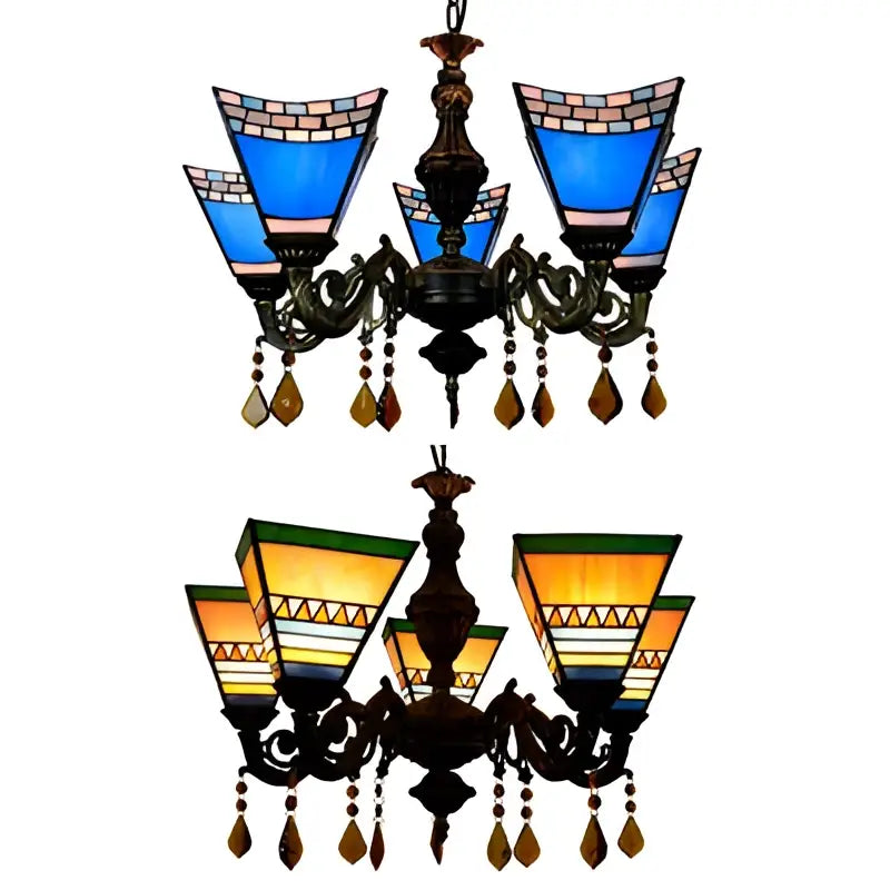 Retro yellow & blue stained glass chandelier bedroom light