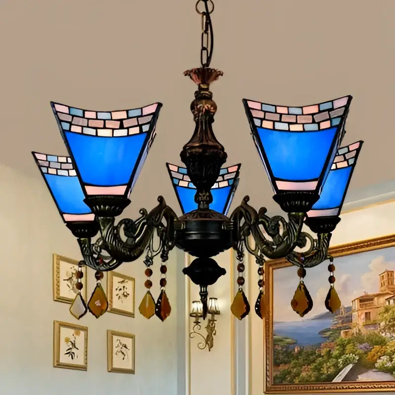 Retro yellow & blue stained glass chandelier bedroom light