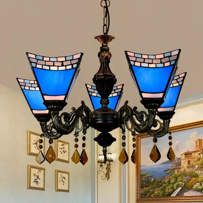 Retro yellow & blue stained glass chandelier bedroom light