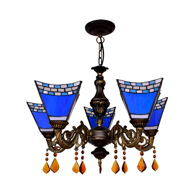 Retro yellow & blue stained glass chandelier bedroom light
