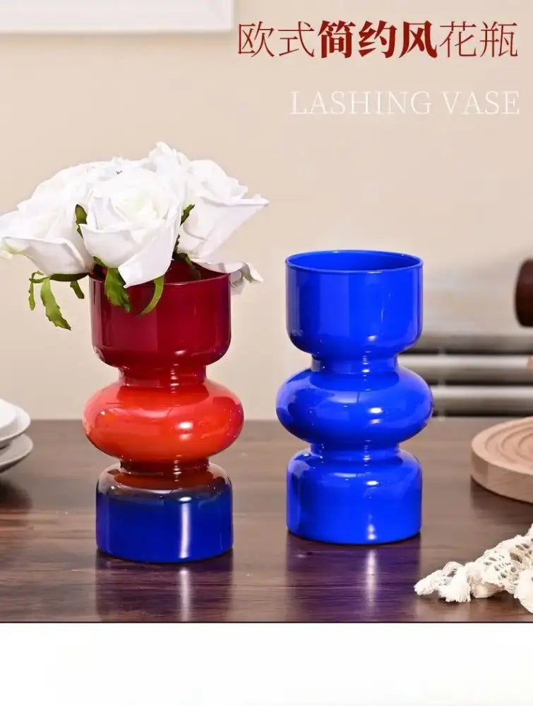 Retro red & blue glass vase living room flower decor