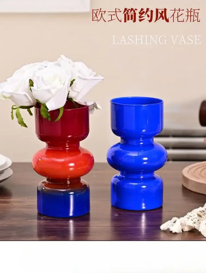 Retro red & blue glass vase living room flower decor