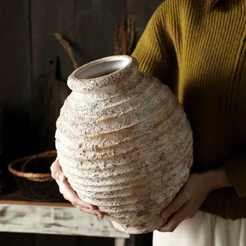 Retro handmade textured white clay vase living room home decor