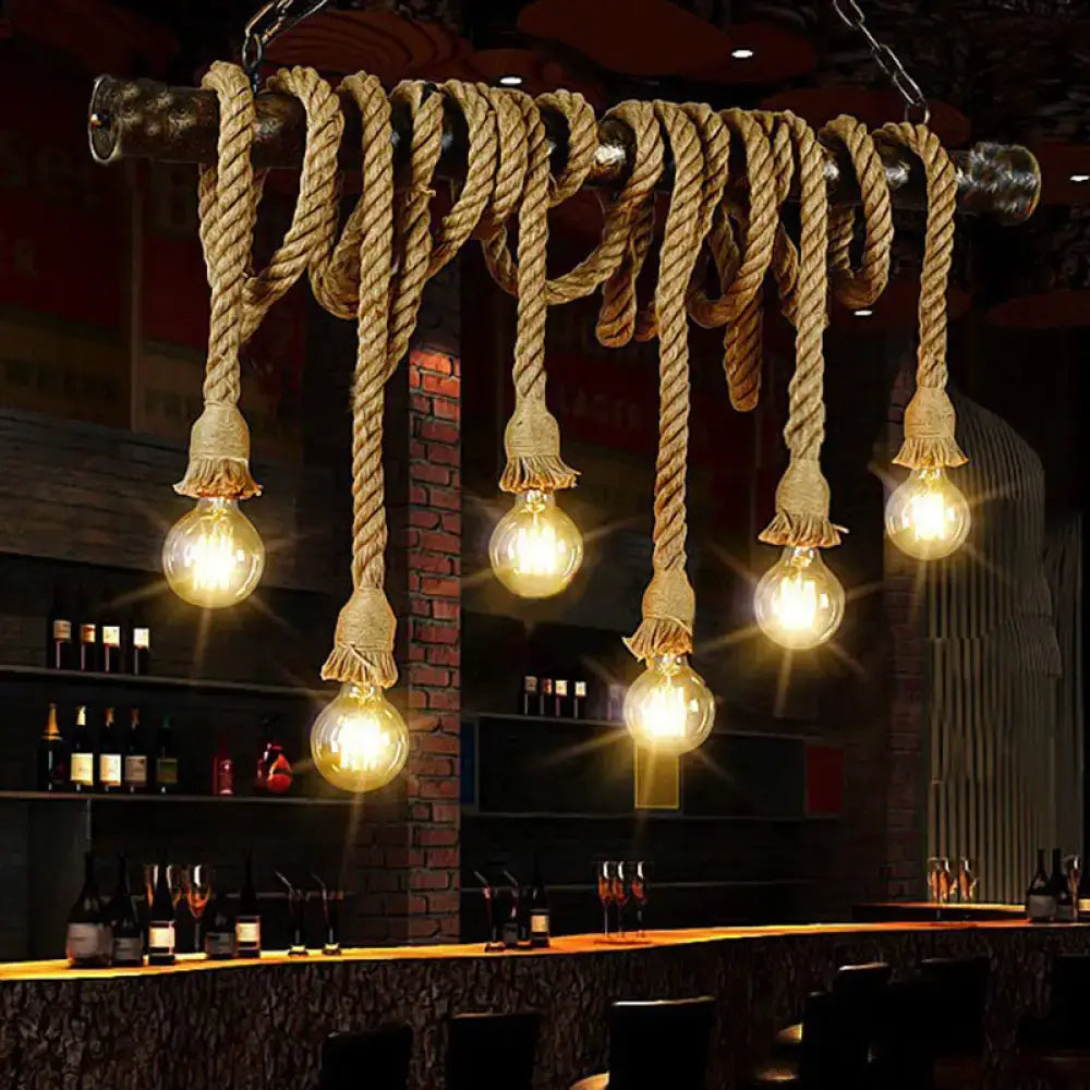 Industrial retro hemp rope exposed bulb pendant light – dining room