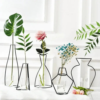 Retro iron black wireframe glass vase pot ornament for living room