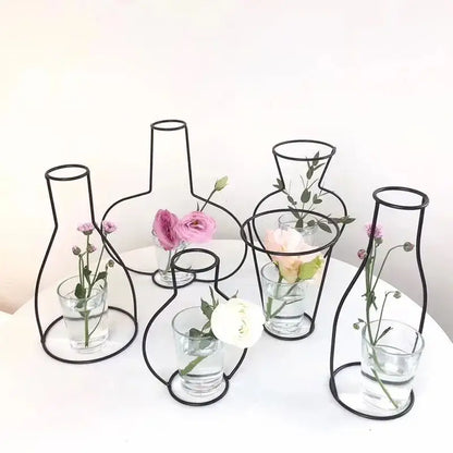 Retro iron black wireframe glass vase pot ornament for living room