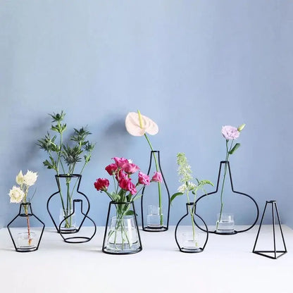 Retro iron black wireframe glass vase pot ornament for living room