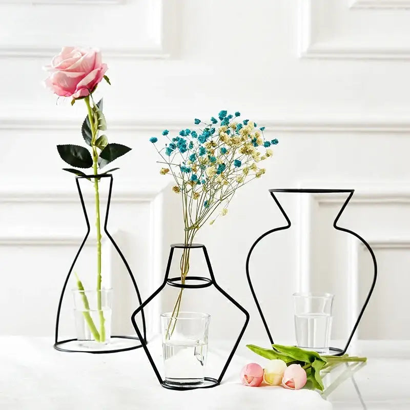 Retro iron black wireframe glass vase pot ornament for living room