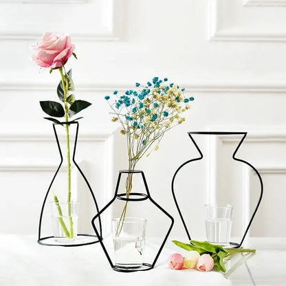 Retro iron black wireframe glass vase pot ornament for living room