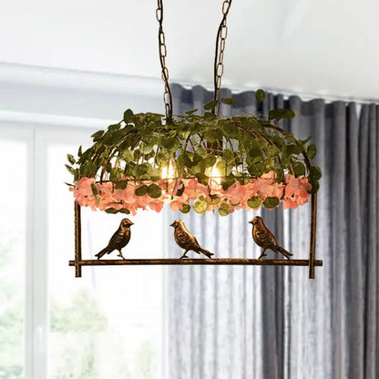 Retro metal birdcage ceiling light with flower decor for dining room
