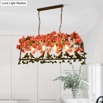 Retro metal birdcage ceiling light with flower decor for dining room