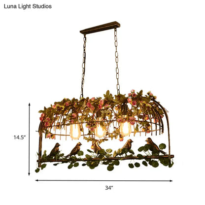 Retro metal birdcage ceiling light with flower decor for dining room