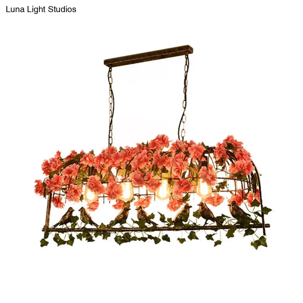 Retro metal birdcage ceiling light with flower decor for dining room