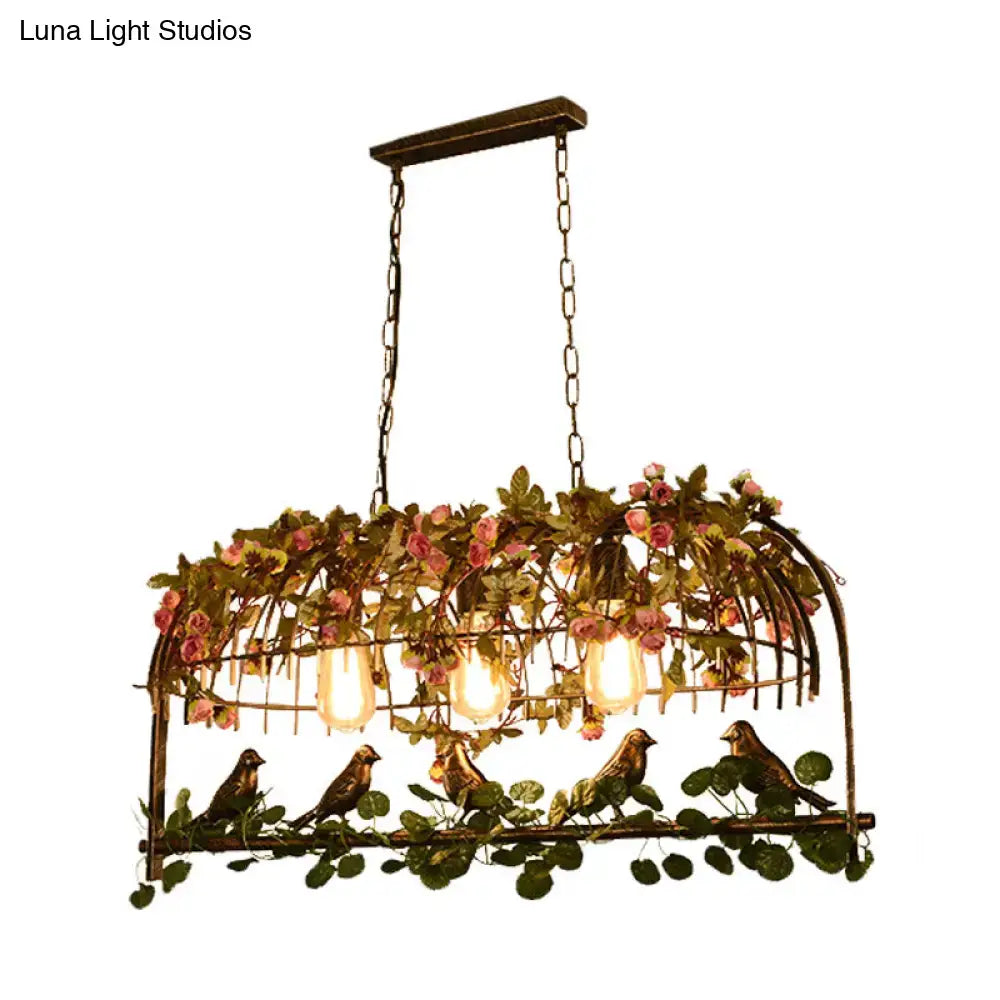 Retro metal birdcage ceiling light with flower decor for dining room