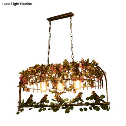 Retro metal birdcage ceiling light with flower decor for dining room