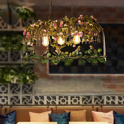 Retro metal birdcage ceiling light with flower decor for dining room
