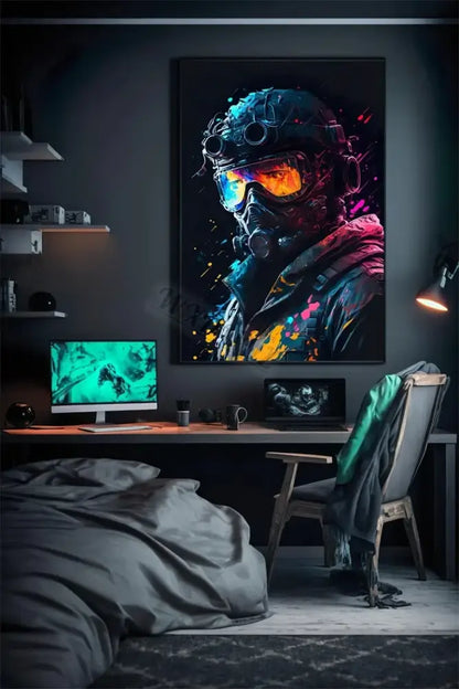 Retro splatter painted funny monkey player wall art gaming room
