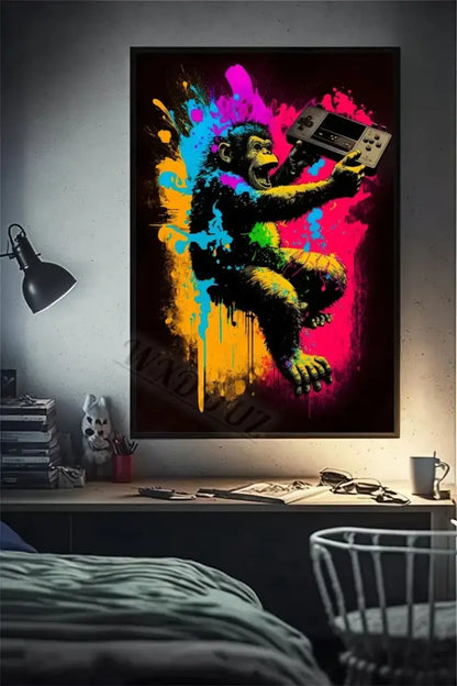 Retro splatter painted funny monkey player wall art gaming room