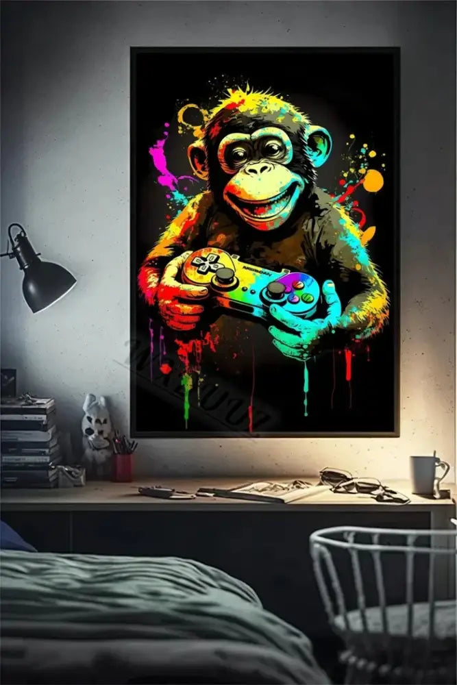 Retro splatter painted funny monkey player wall art gaming room