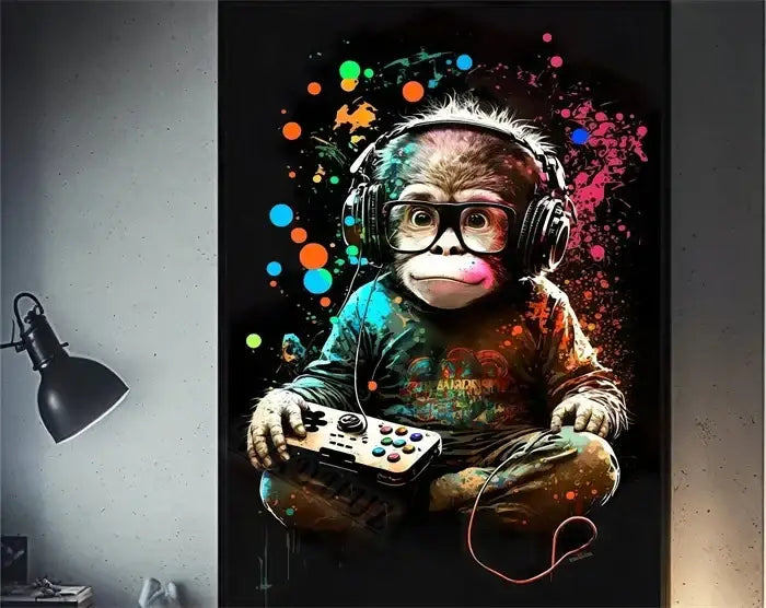 Retro splatter painted funny monkey player wall art gaming room