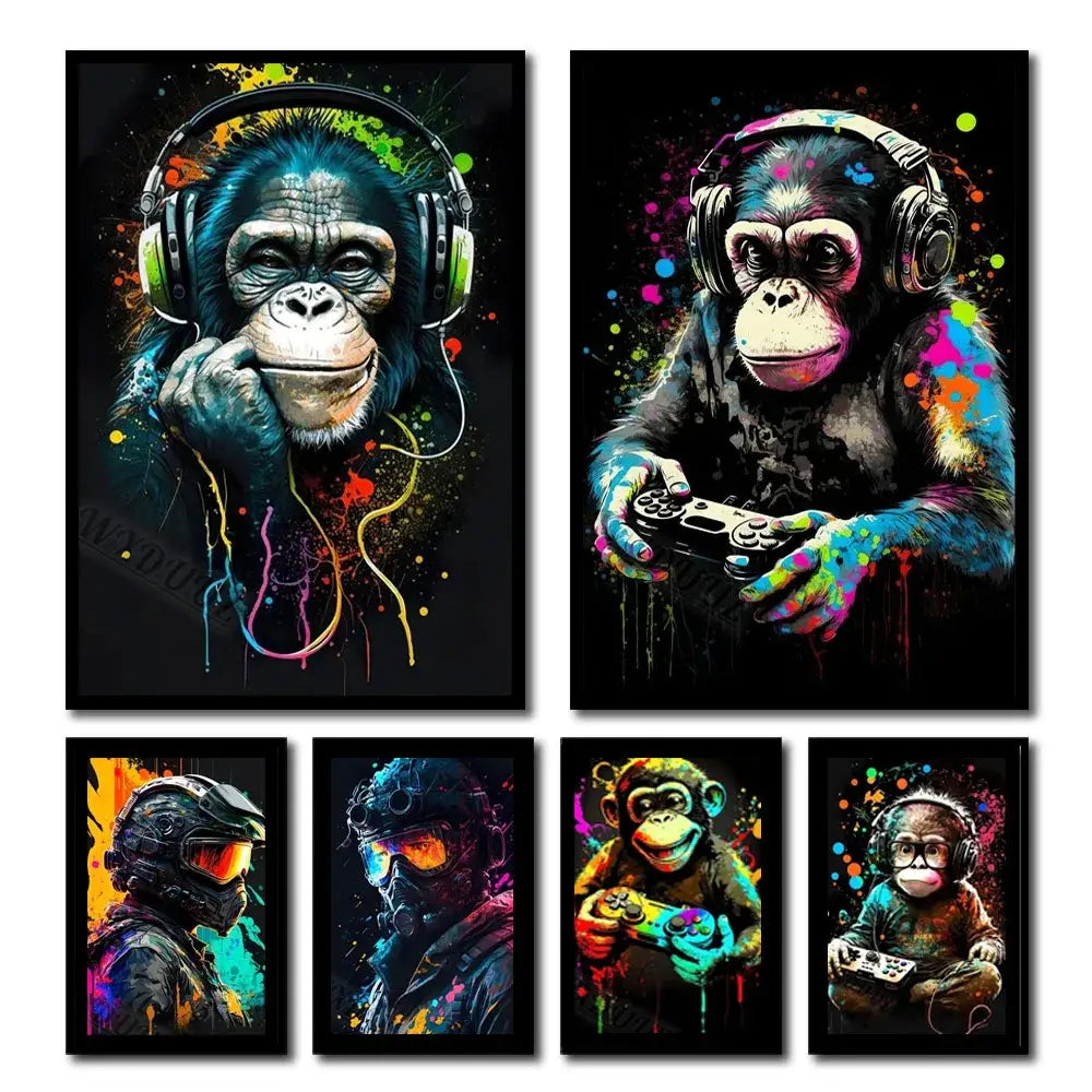 Retro splatter painted funny monkey player wall art gaming room
