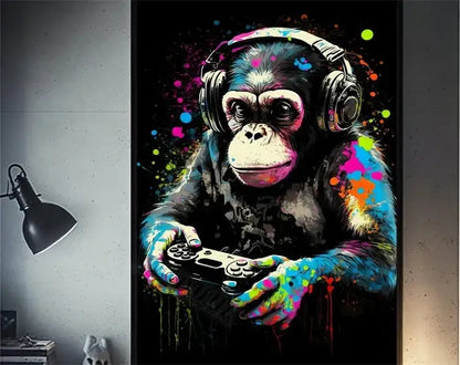 Retro splatter painted funny monkey player wall art gaming room