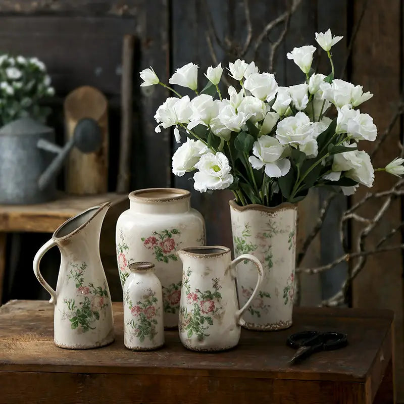 Nordic pastoral style white floral ceramic pitcher living room vase