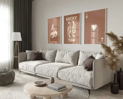 Modern light gray upholstered sofa living room wall art posters