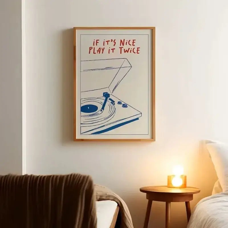 Retro blue record player modern music canvas – living room wall art