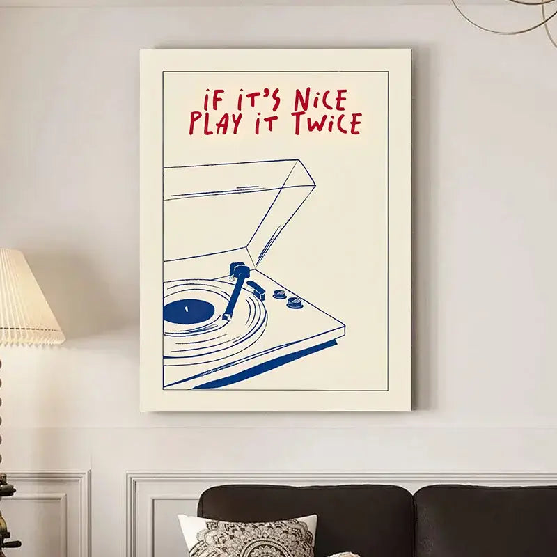 Retro blue record player modern music canvas – living room wall art