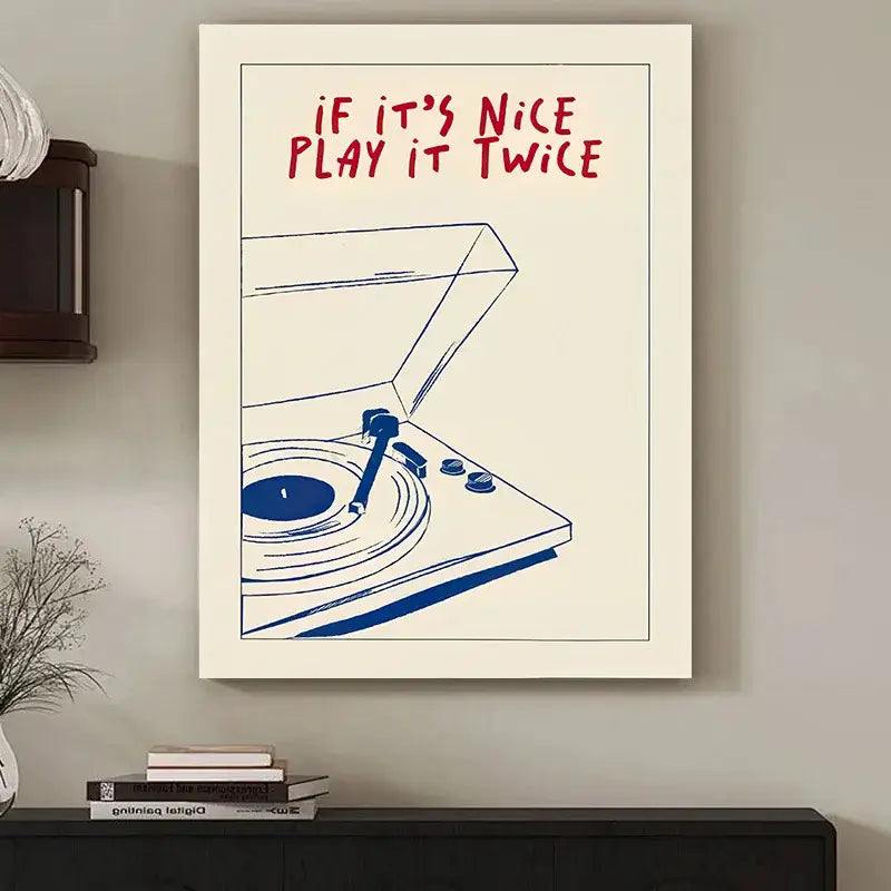 Retro blue record player modern music canvas – living room wall art