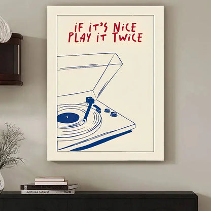 Retro blue record player modern music canvas – living room wall art