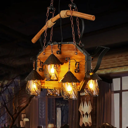 Rustic wood and black teapot light fixture clear glass dining room