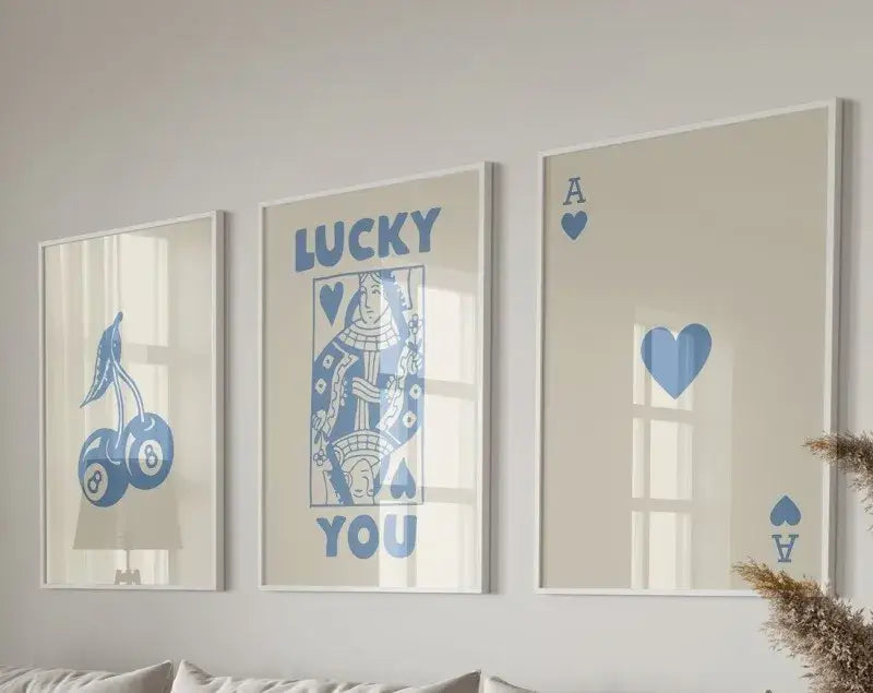 Retro blue & cream queen of hearts wall art posters – living room decor